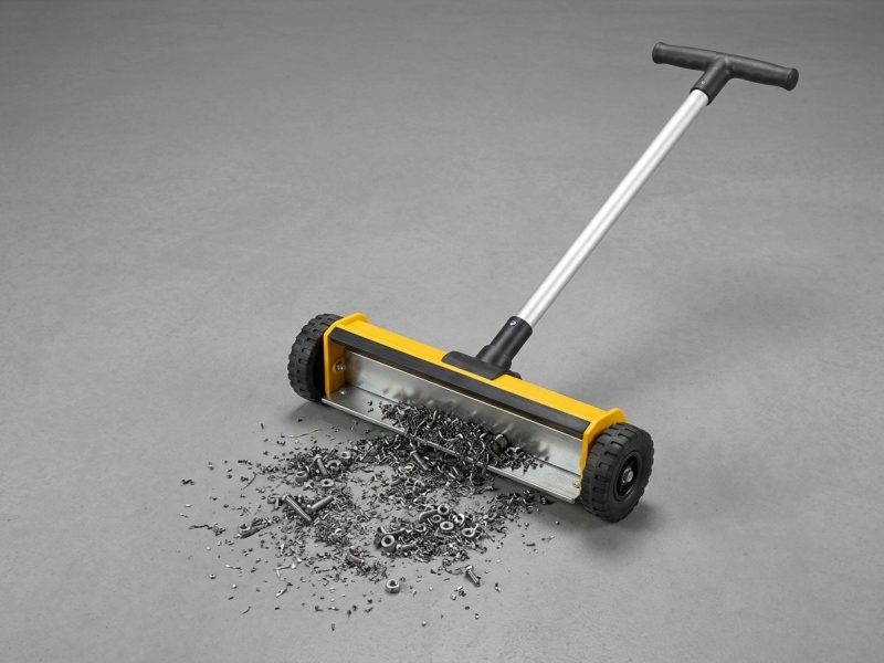 How does a magnetic sweeper clean workshop metal chips and debris?